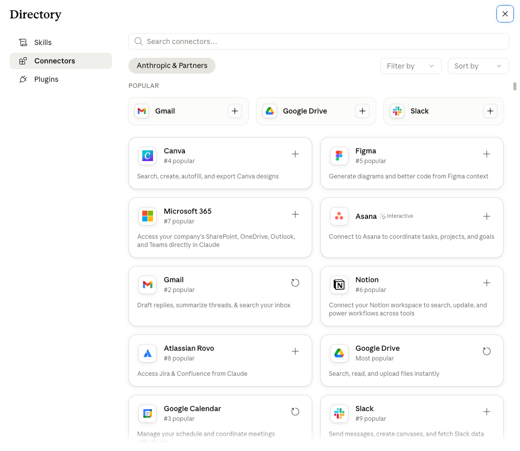 The connectors directory filtered to Anthropic & Partners, showing cards for popular apps like Gmail, Google Drive, Slack, Notion and Google Calendar, each with a + to add it.
