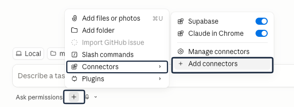 The Claude Code prompt box with the + button open, the Connectors submenu showing, and the 'Add connectors' item highlighted.