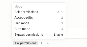 Claude Code's permission-mode menu open, listing Ask permissions, Accept edits, Plan mode, Auto mode, and Bypass permissions, with Ask permissions selected.