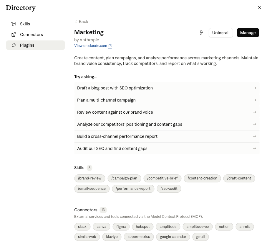 The Marketing plugin's page in Claude Code, listing the eight skills it adds — like /brand-review and /seo-audit — and the thirteen connections it brings to tools such as Slack, Notion, and Gmail.
