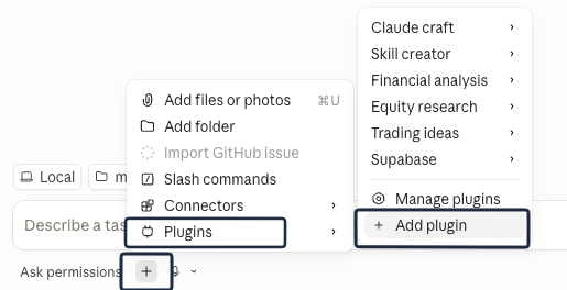 The Claude Code prompt box with the + button clicked, its menu open on Plugins, and the Add plugin item highlighted in the submenu.