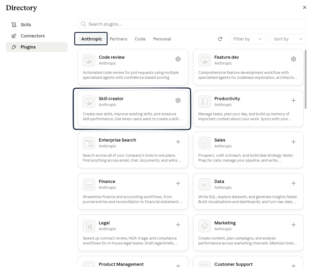 The plugin Directory open on the Plugins section and the Anthropic tab, with the Skill creator card highlighted among the Anthropic plugins.